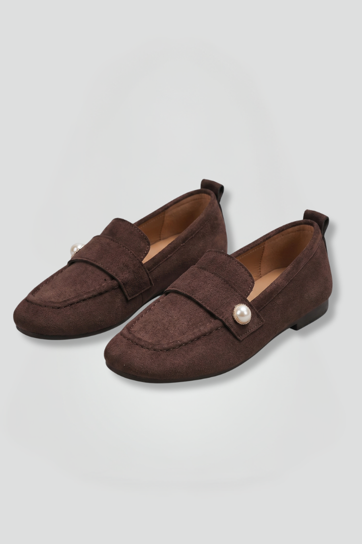 Women square toe slip-on loafers with decorative button strap in black