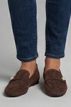 Women square toe slip-on loafers with decorative button strap in black