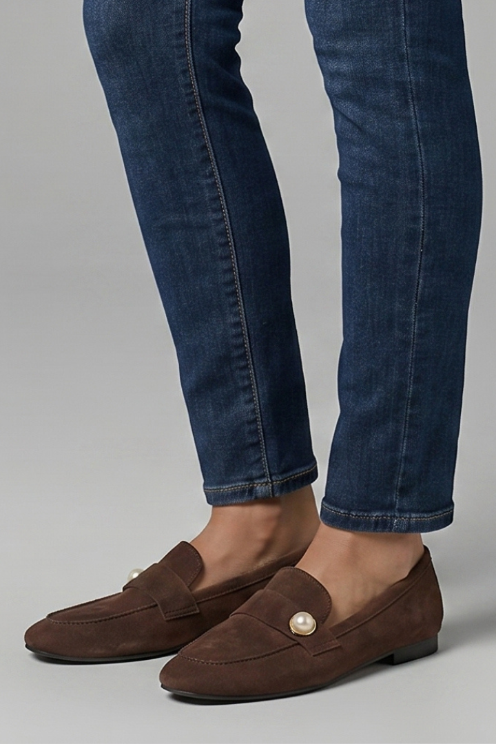 Women square toe slip-on loafers with decorative button strap in black