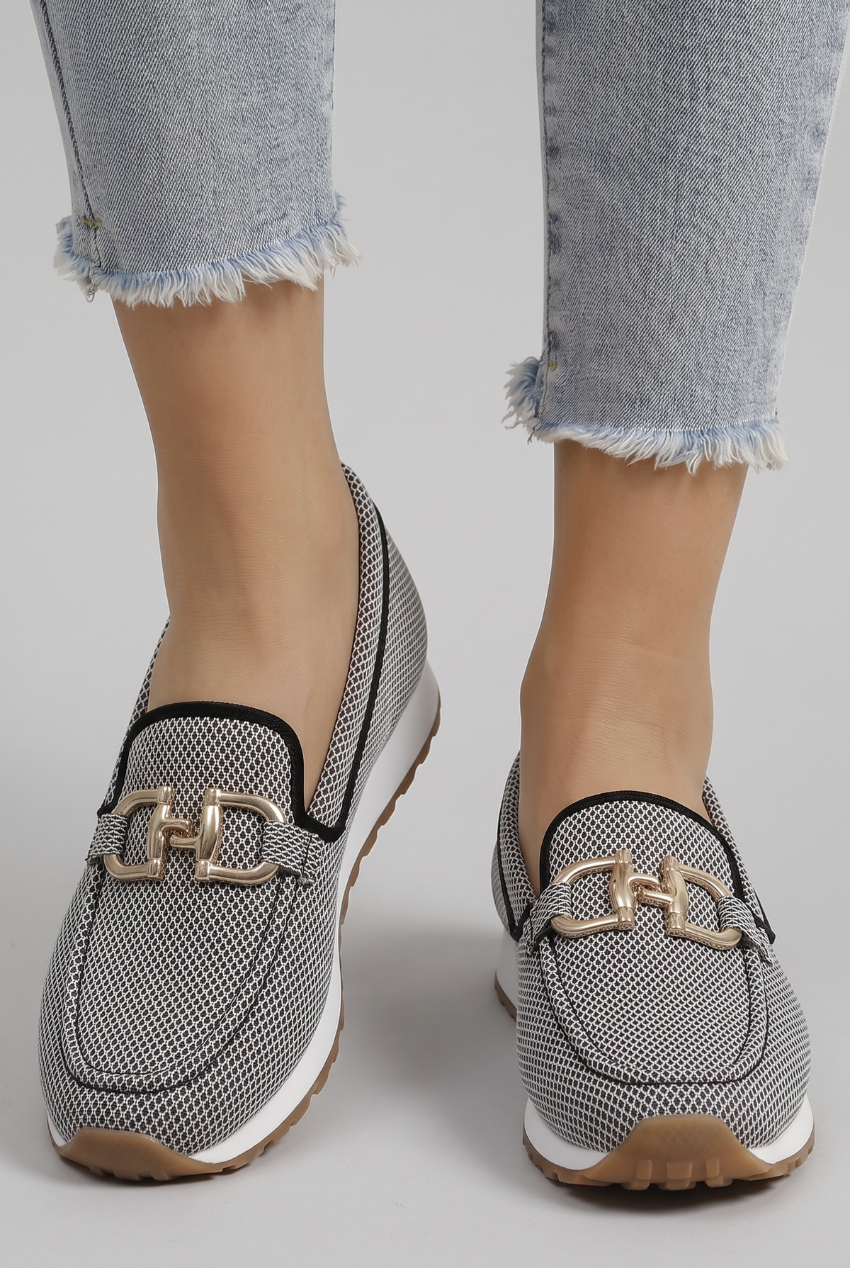 Women mesh loafers slip-on moc toe with metal hardware detail