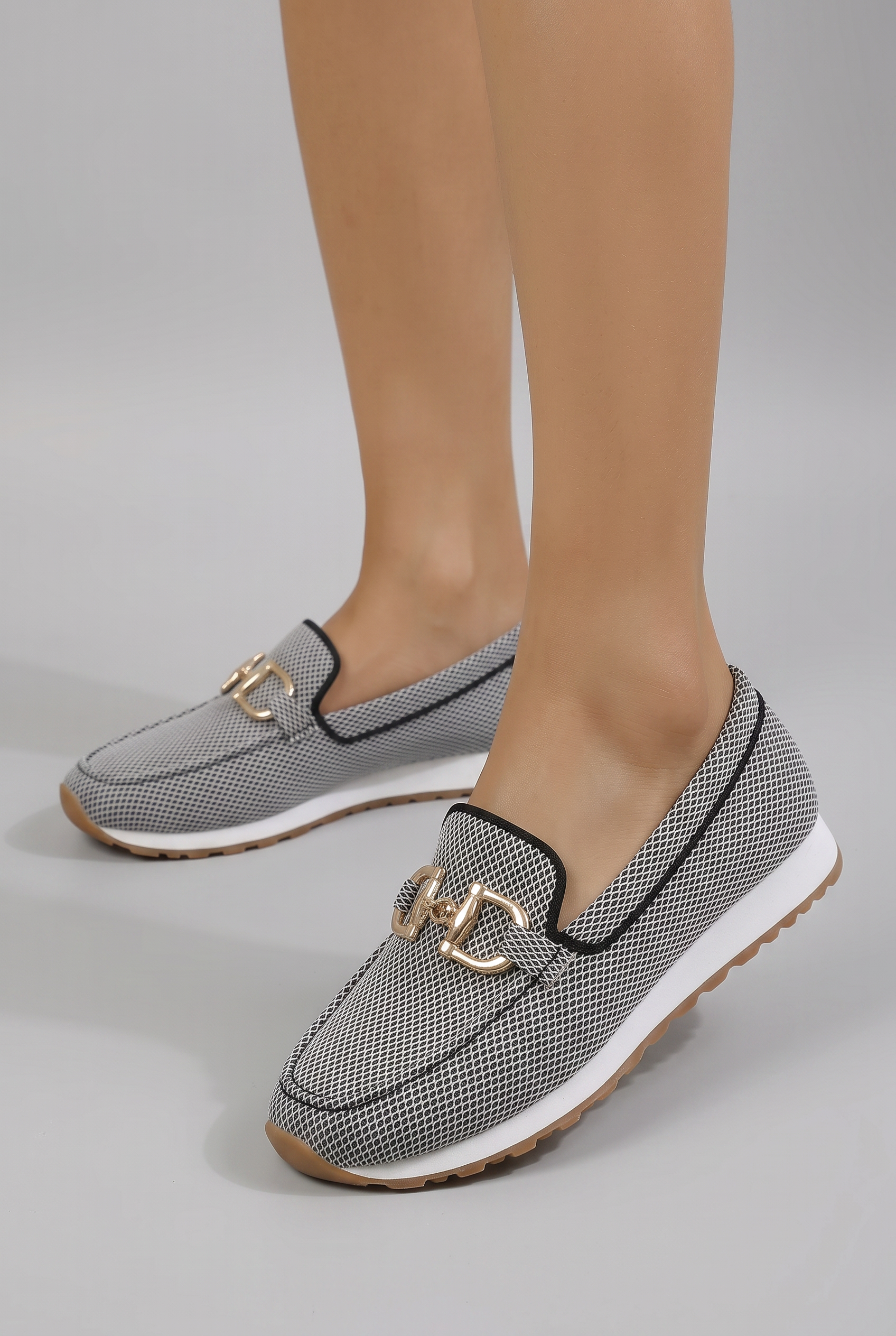 Women mesh loafers slip-on moc toe with metal hardware detail
