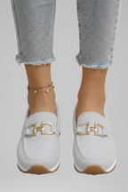 Women mesh loafers slip-on moc toe with metal hardware detail