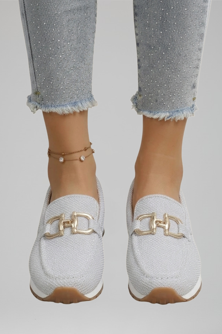Women mesh loafers slip-on moc toe with metal hardware detail