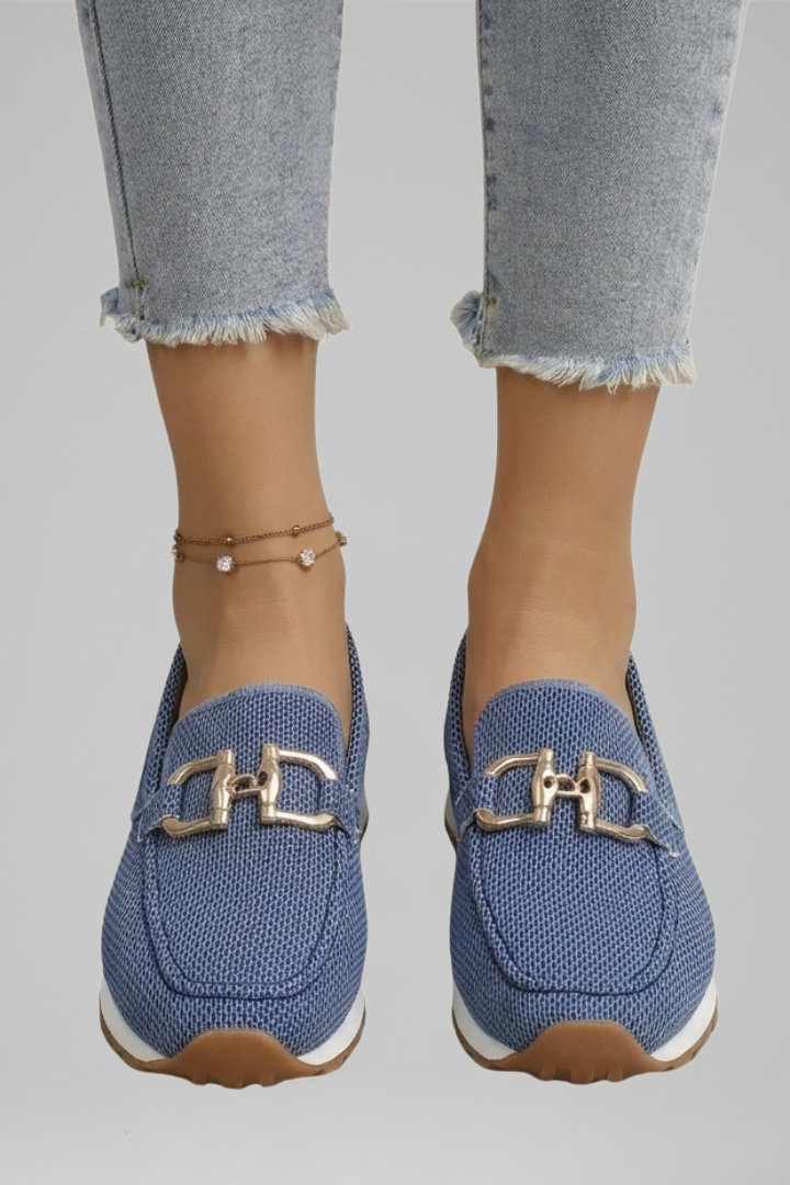 Women mesh loafers slip-on moc toe with metal hardware detail