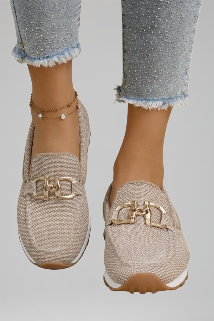 Women mesh loafers slip-on moc toe with metal hardware detail