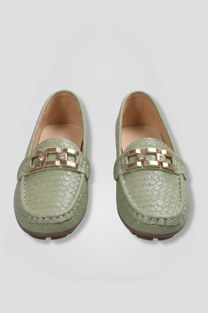Women slip-on loafers flat with metal accent and textured leather-look upper