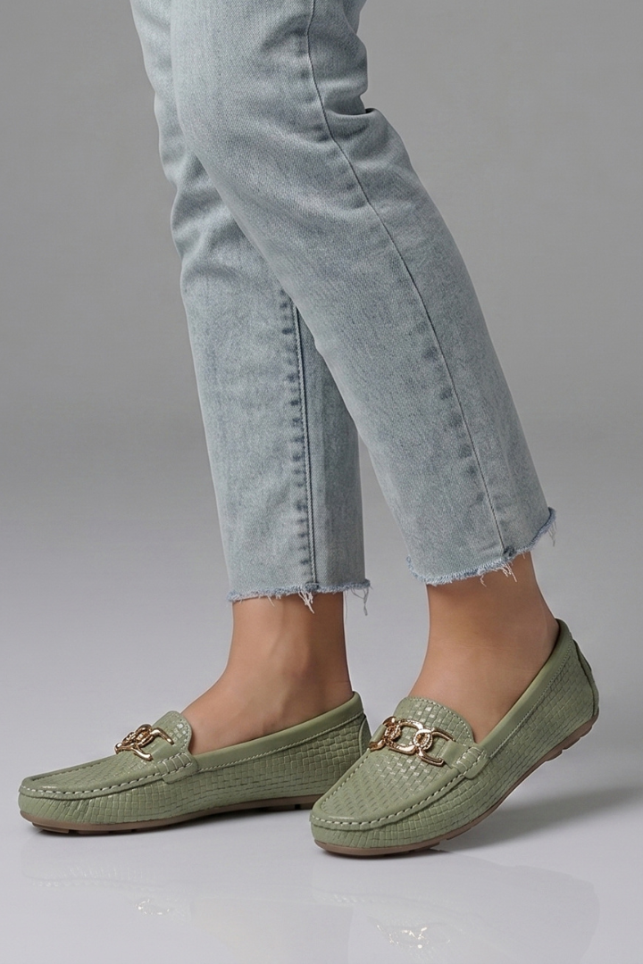 Women slip-on loafers flat with metal accent and textured leather-look upper