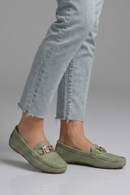 Women slip-on loafers flat with metal accent and textured leather-look upper