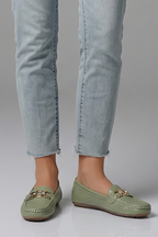 Women slip-on loafers flat with metal accent and textured leather-look upper