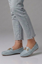 Women slip-on loafers flat with metal accent and textured leather-look upper