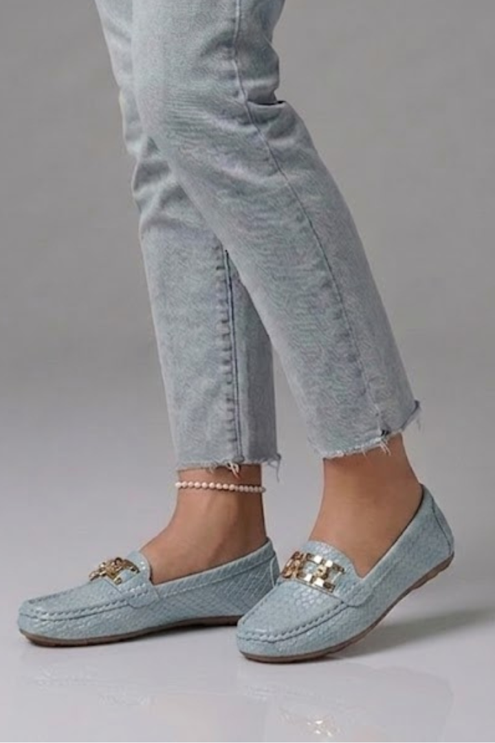 Women slip-on loafers flat with metal accent and textured leather-look upper