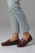 Women slip-on loafers flat with metal accent and textured leather-look upper