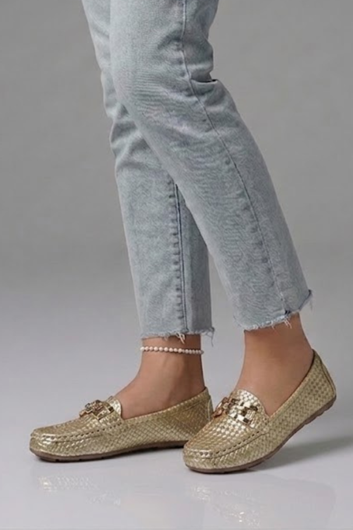 Women slip-on loafers flat with metal accent and textured leather-look upper