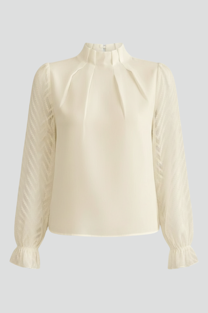 Women long sleeve top with pleated neckline and textured sleeves