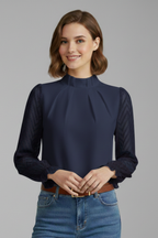 Women long sleeve top with pleated neckline and textured sleeves