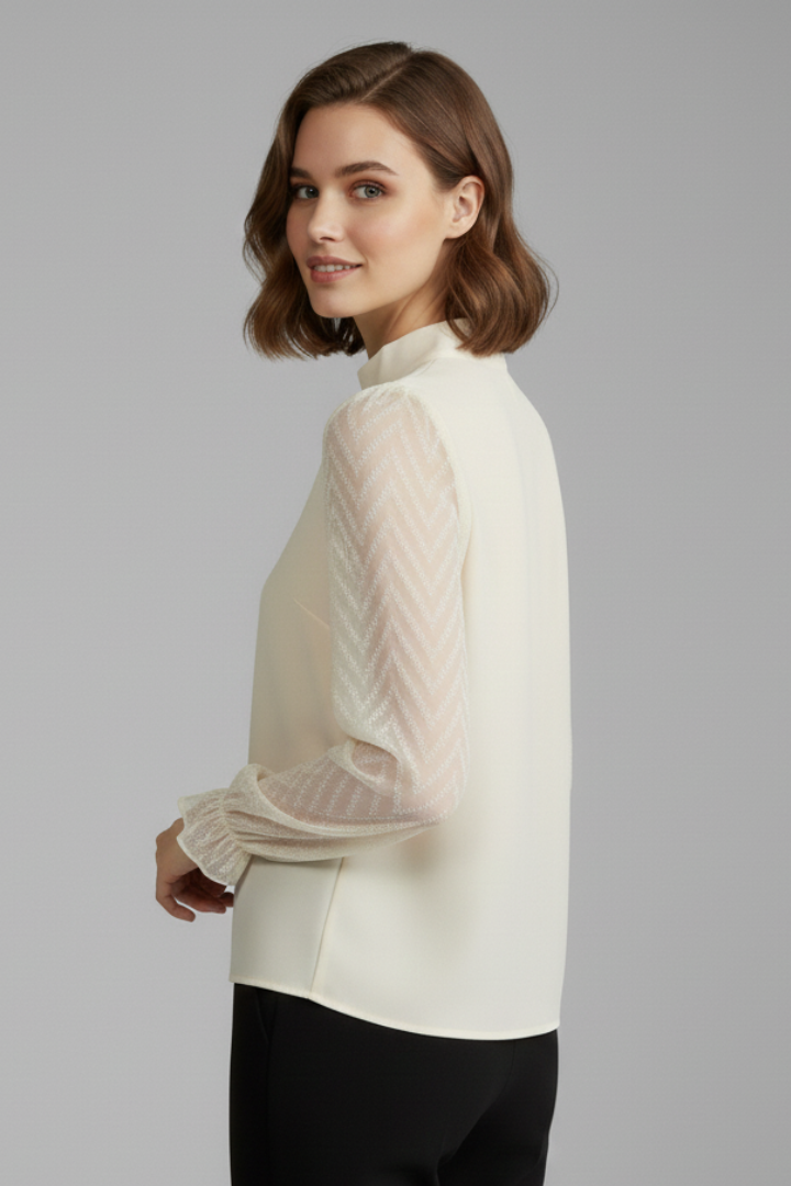 Women long sleeve top with pleated neckline and textured sleeves