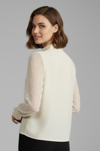 Women long sleeve top with pleated neckline and textured sleeves
