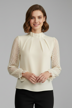 Women long sleeve top with pleated neckline and textured sleeves