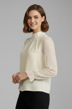 Women long sleeve top with pleated neckline and textured sleeves
