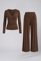 Women 2 piece lounge set wrap V-neck top and wide leg pants