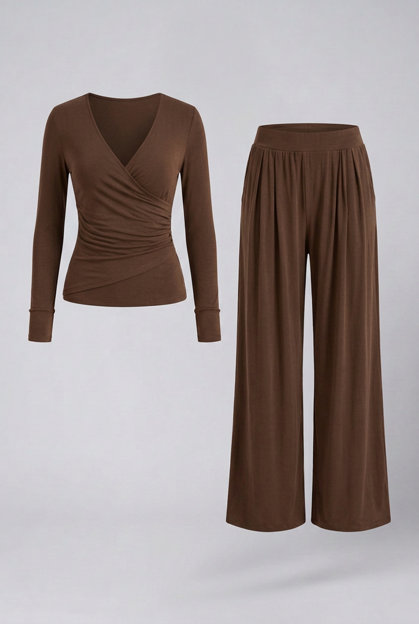 Women 2 piece lounge set wrap V-neck top and wide leg pants