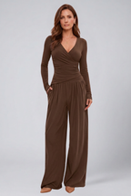 Women 2 piece lounge set wrap V-neck top and wide leg pants