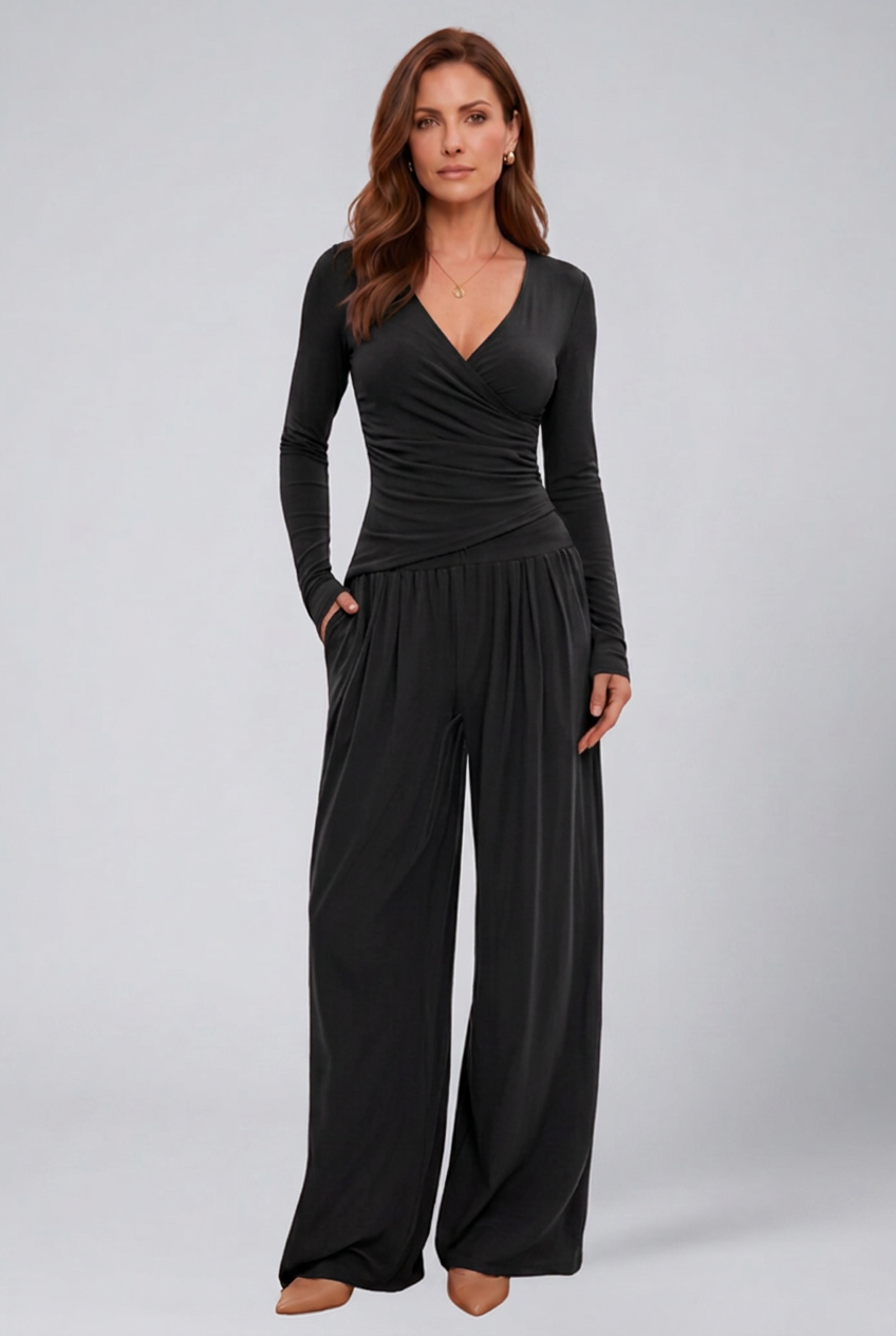 Women 2 piece lounge set wrap V-neck top and wide leg pants