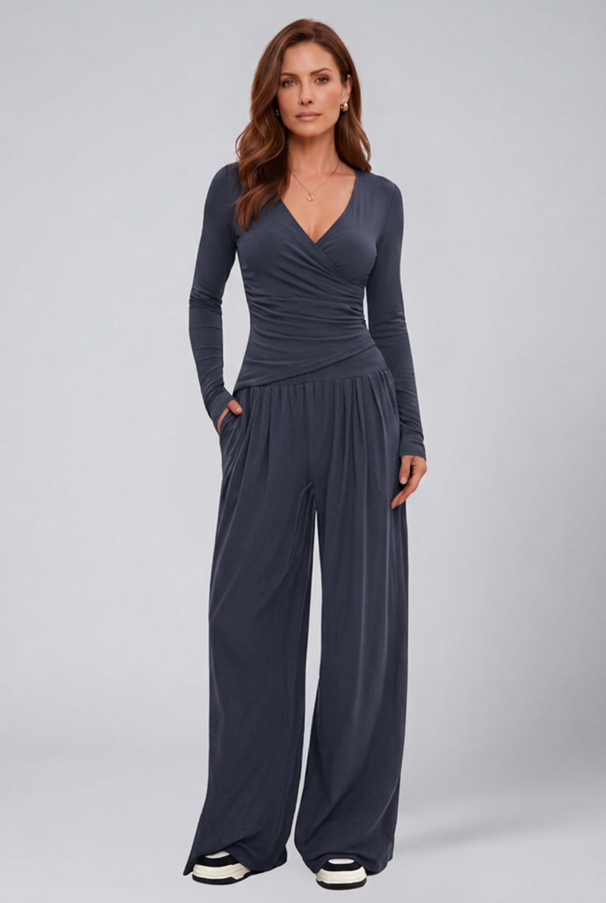 Women 2 piece lounge set wrap V-neck top and wide leg pants