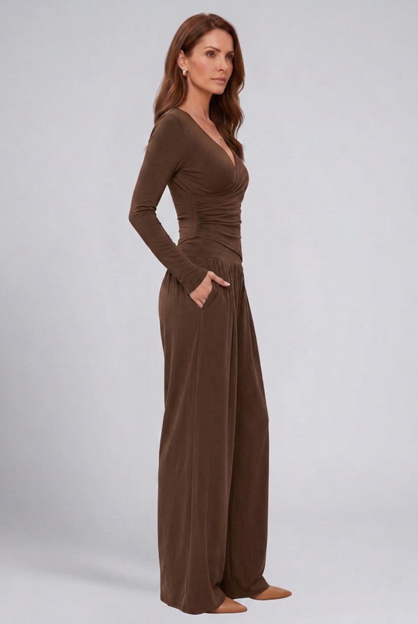 Women 2 piece lounge set wrap V-neck top and wide leg pants