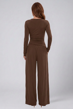 Women 2 piece lounge set wrap V-neck top and wide leg pants