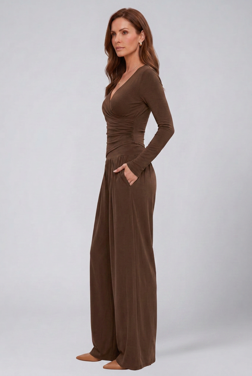 Women 2 piece lounge set wrap V-neck top and wide leg pants