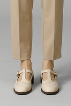 Women Mary Jane flat shoes T-strap buckle with brogue perforated detail