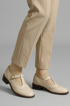 Women Mary Jane flat shoes T-strap buckle with brogue perforated detail
