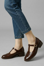 Women Mary Jane flat shoes T-strap buckle with brogue perforated detail