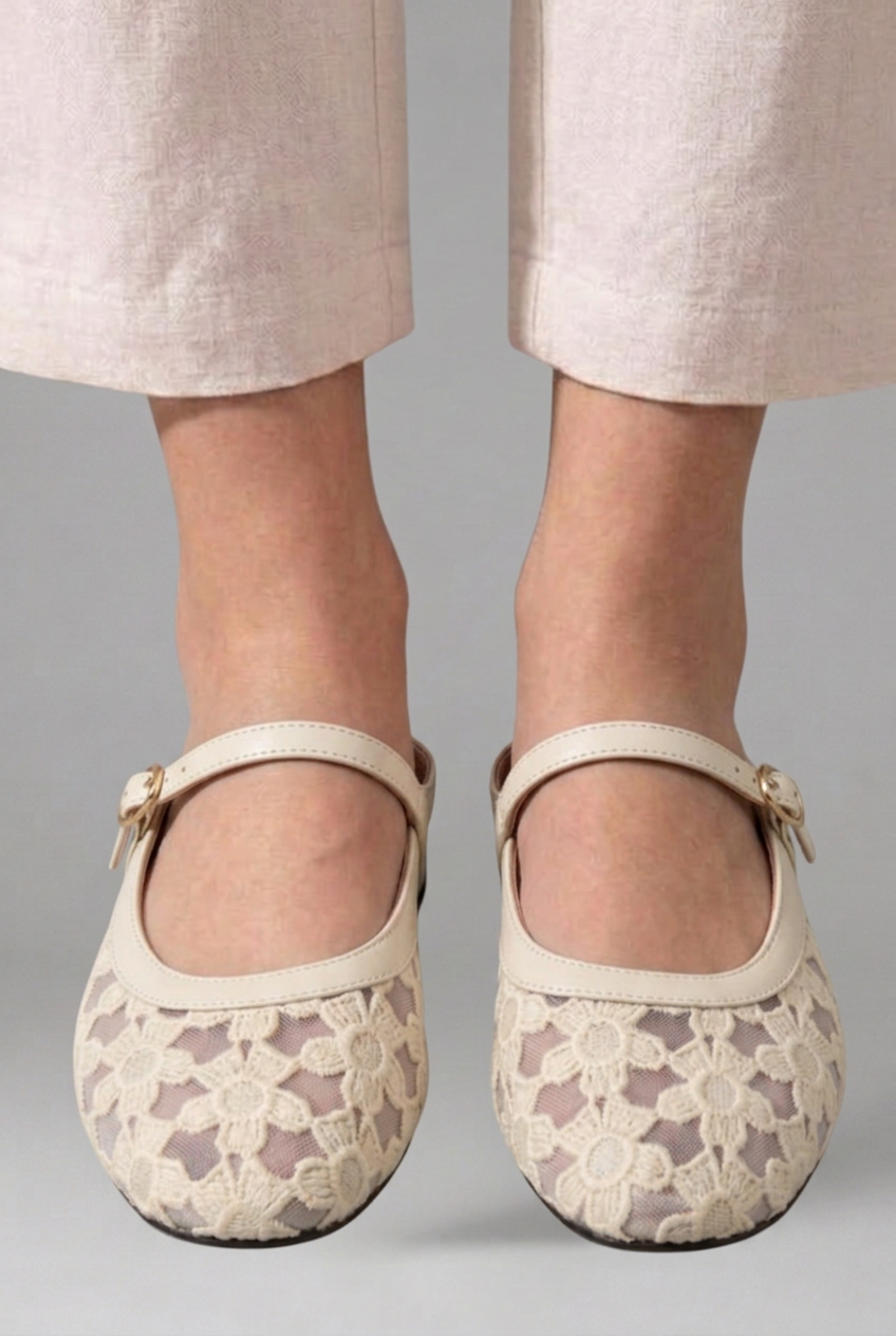 Women's Mary Jane flats with floral lace mesh upper and buckle strap