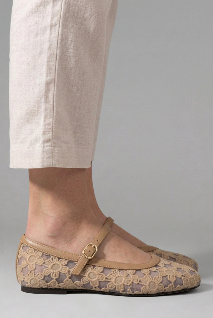 Women's Mary Jane flats with floral lace mesh upper and buckle strap