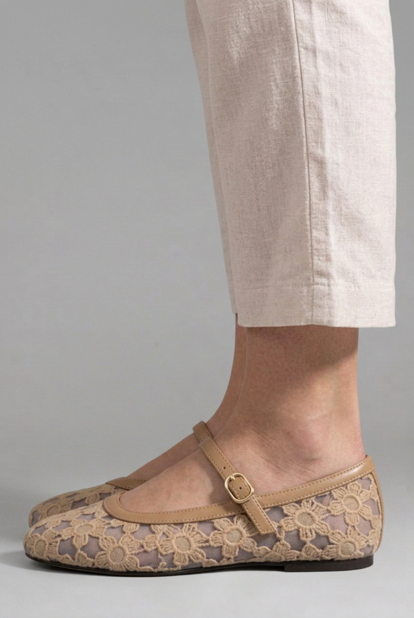 Women's Mary Jane flats with floral lace mesh upper and buckle strap