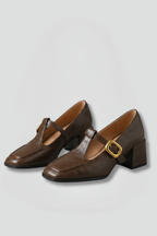 Women Mary Jane heels square toe gold buckle mid block heel textured upper