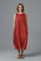 Women's midi dress sleeveless with round neckline, gathered waist and side pockets