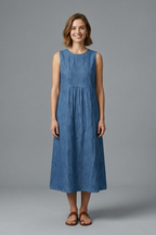 Women's midi dress sleeveless with round neckline, gathered waist and side pockets