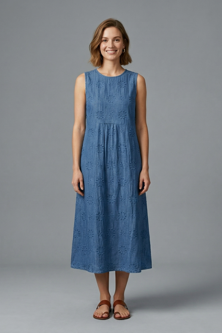 Women's midi dress sleeveless with round neckline, gathered waist and side pockets