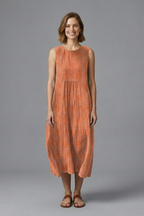 Women's midi dress sleeveless with round neckline, gathered waist and side pockets