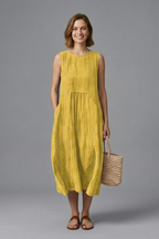 Women's midi dress sleeveless with round neckline, gathered waist and side pockets