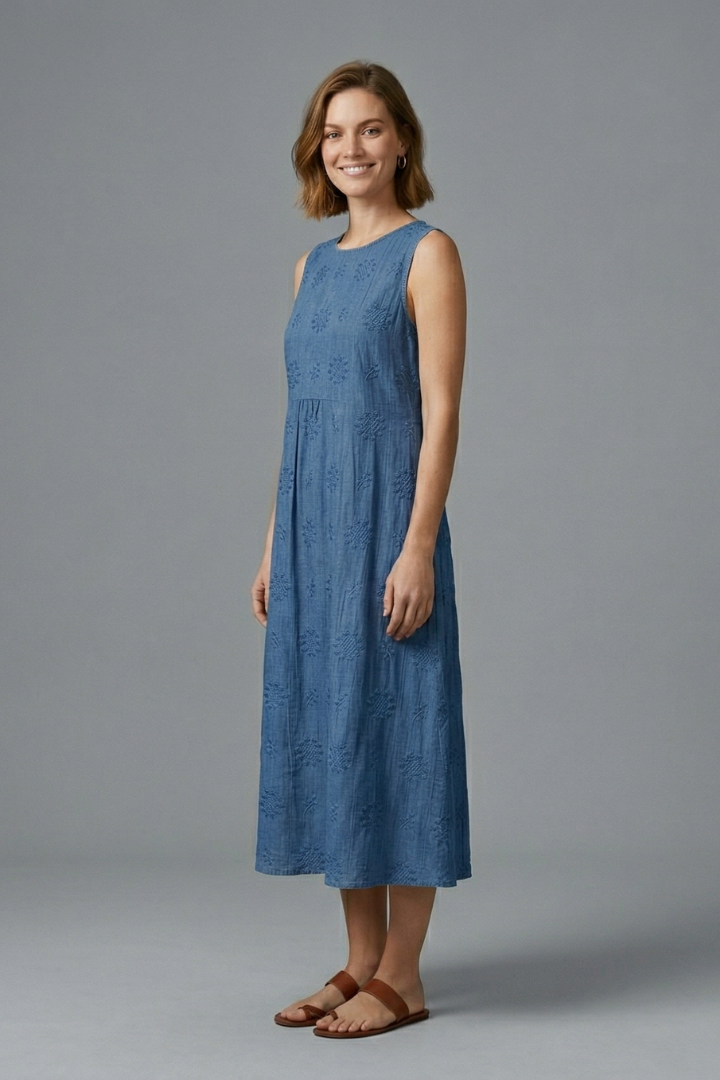 Women's midi dress sleeveless with round neckline, gathered waist and side pockets