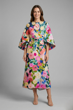 Women's midi dress with round neck and wide sleeves, abstract linear print on textured surface