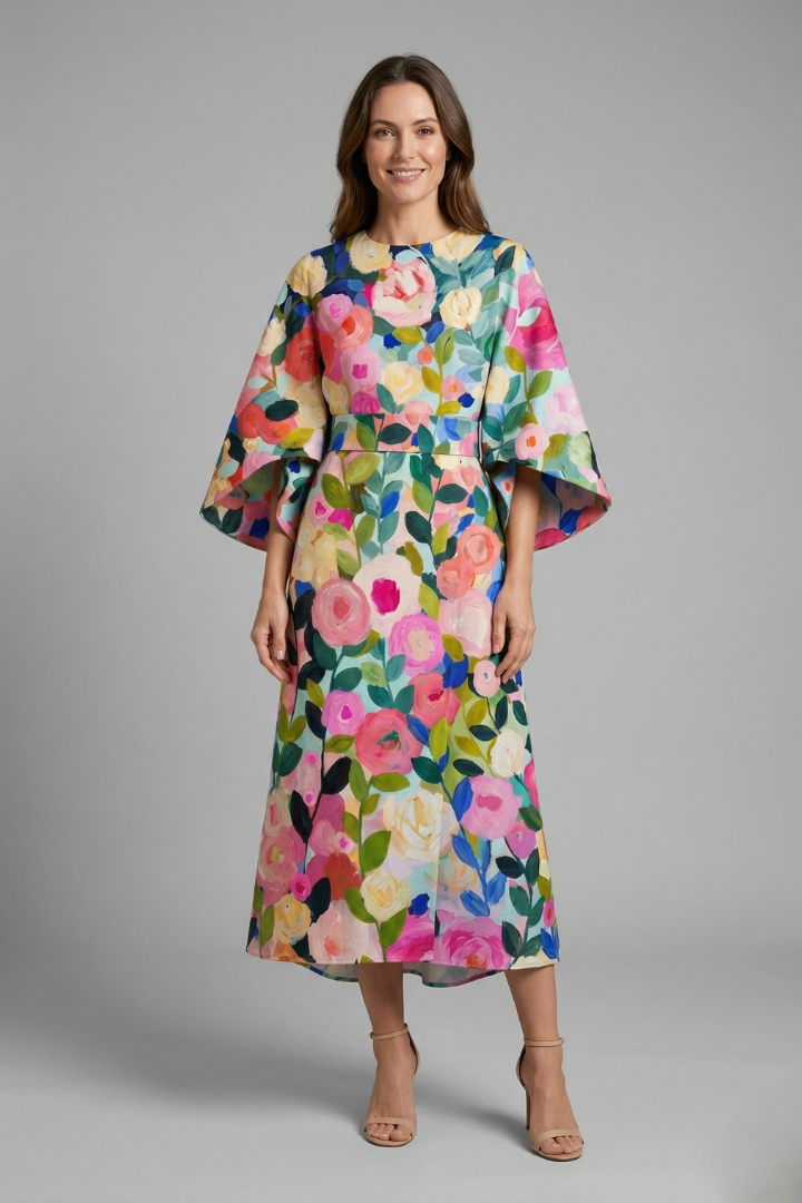 Women's midi dress with round neck and wide sleeves, abstract linear print on textured surface