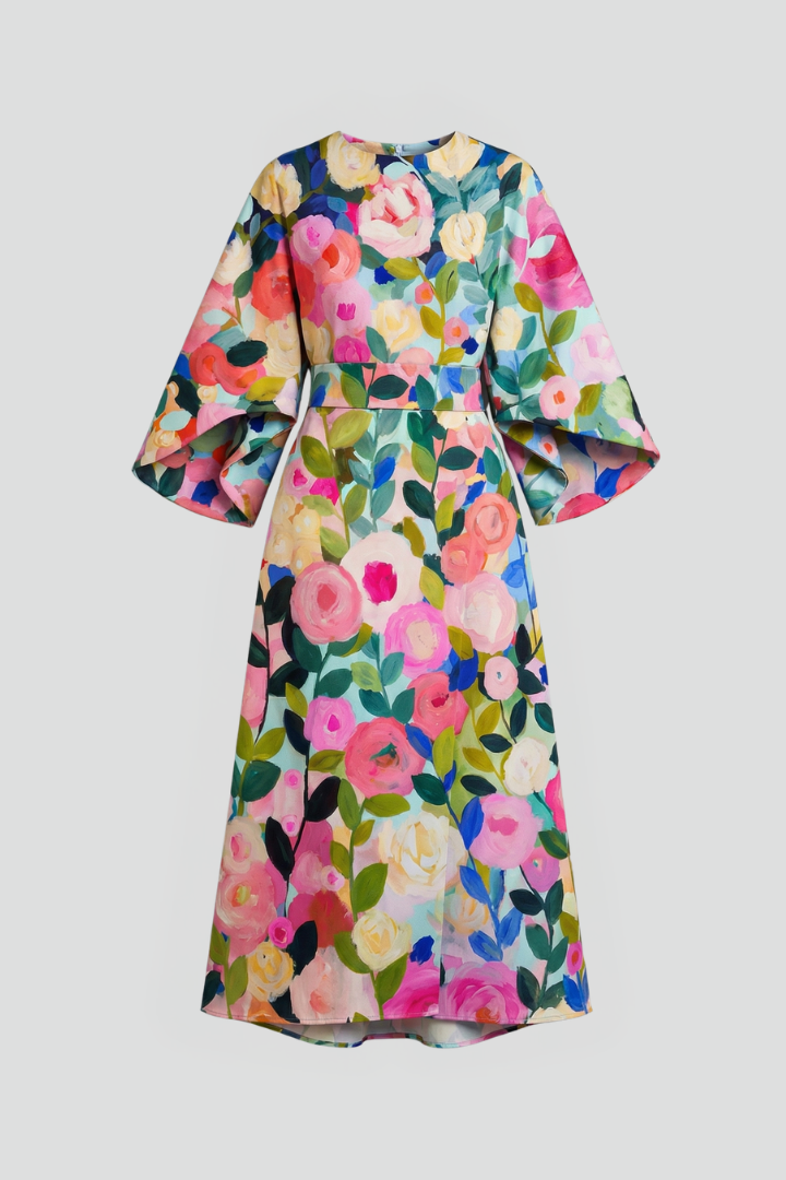 Women's midi dress with round neck and wide sleeves, abstract linear print on textured surface
