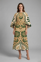 Women's midi dress with round neck and wide sleeves, abstract linear print on textured surface