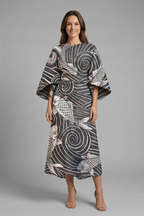 Women's midi dress with round neck and wide sleeves, abstract linear print on textured surface