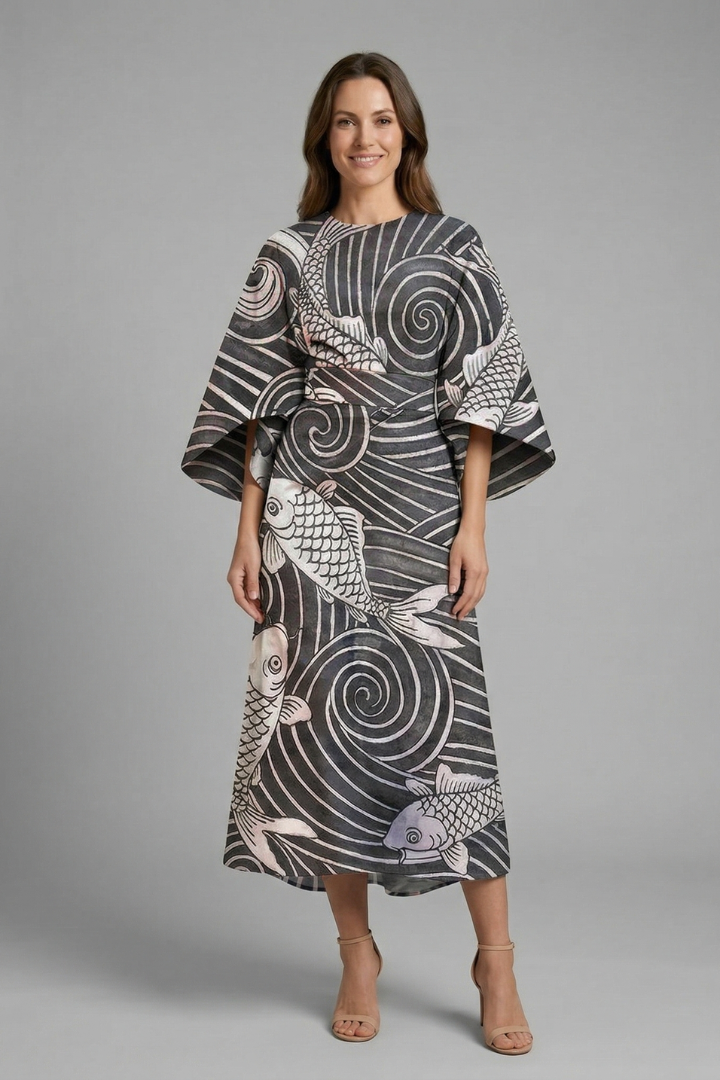 Women's midi dress with round neck and wide sleeves, abstract linear print on textured surface